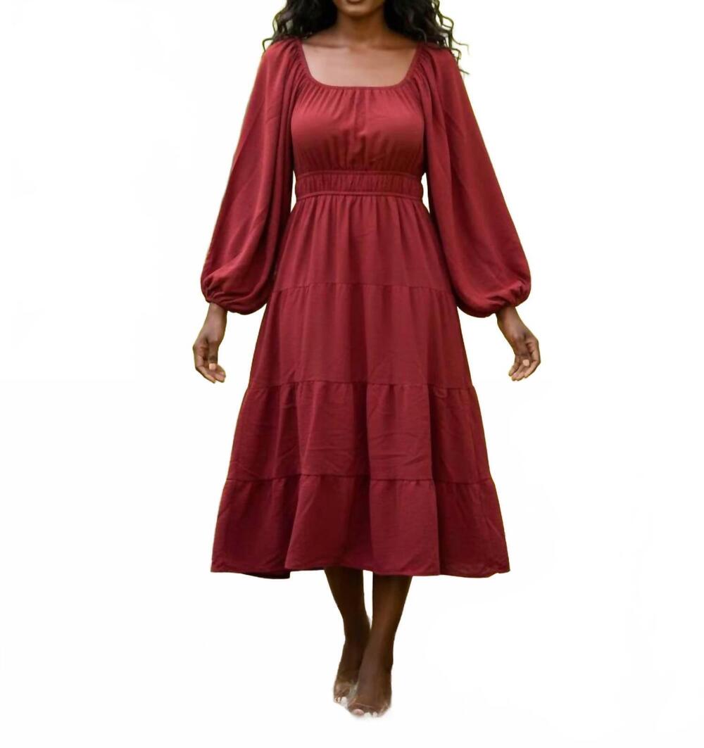 NEW SHE + SKY women's long sleeve woven tiered dress in red brick